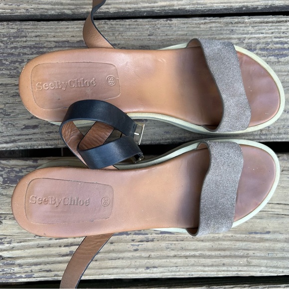 Women's See by Chloe Robin Wedge Sandals Black Leather Ankle Strap Size 38 - Picture 5 of 8